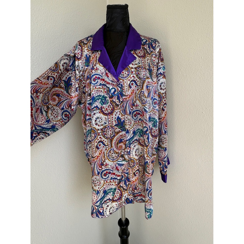 90s Victoria's Secret Gold Label Paisley Satin Trim Nightgown Shirt L Multicolor